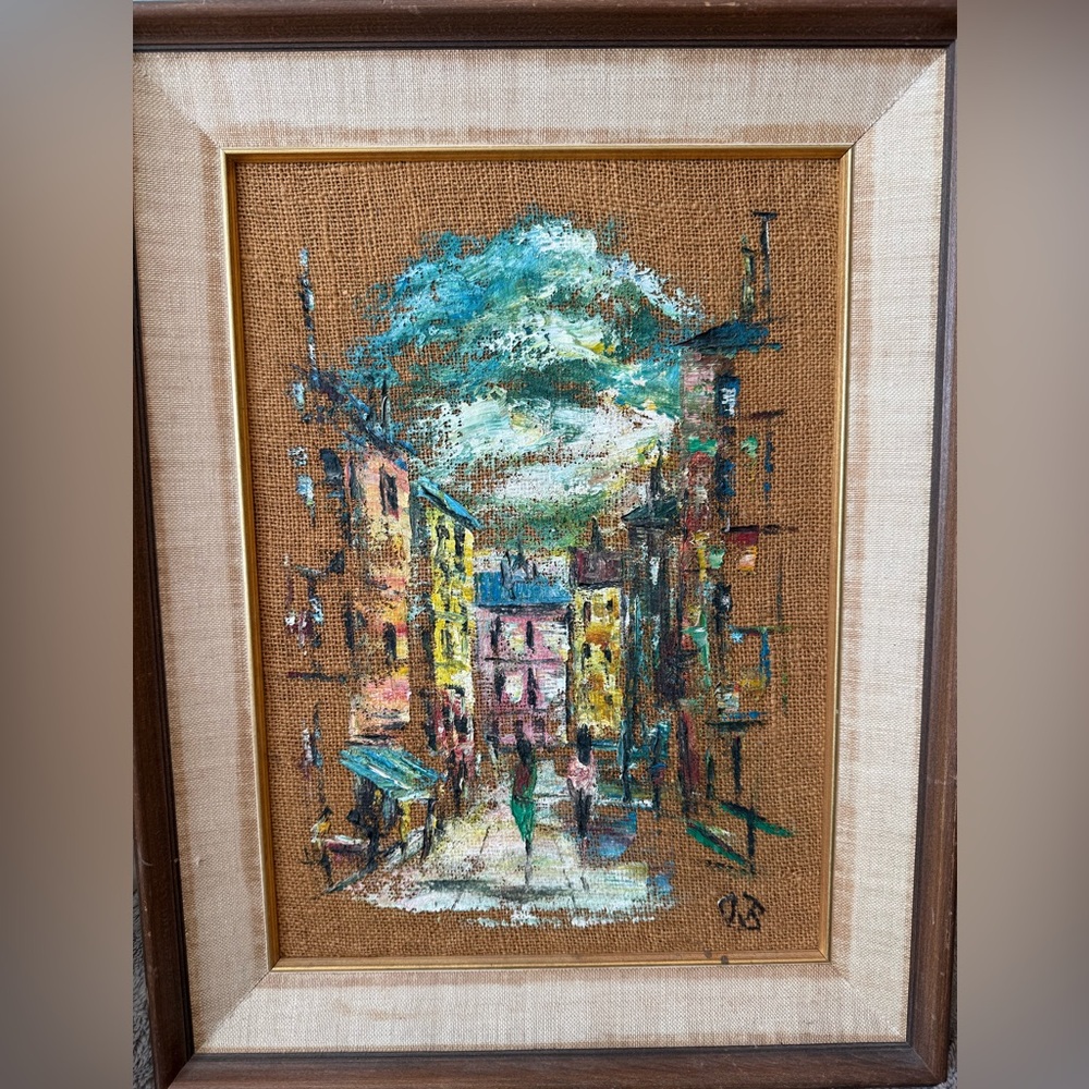 Colorful Cityscape Original Oil on Sack Cloth Painting - Picture 3 of 3